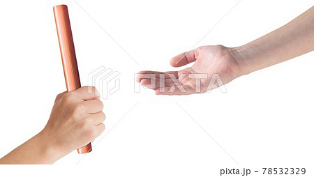Composition of caucasian athletes passing orange relay baton isolated on white background 78532329