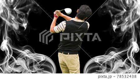 Composition of male golf player holding golf club over clouds on black background 78532438