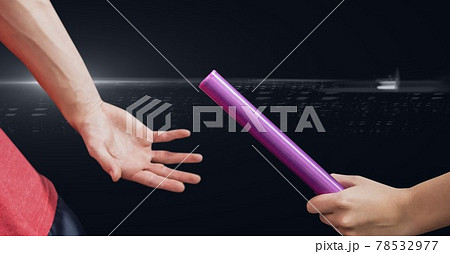 Composition of caucasian male runner passing baton to his teammate on black background Composition of caucasian male runner passing baton to his teammate on black background 78532977