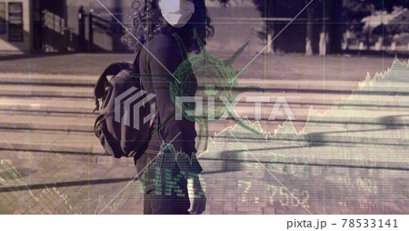 Composition of covid 19 cell and medical data processing over caucasian woman wearing face mask Composition of covid 19 cell and medical data processing over caucasian woman wearing face mask 78533141
