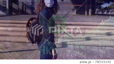 Composition of covid 19 cell and medical data processing over caucasian woman wearing face mask 78533142