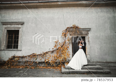 Beautiful bride and groom embracing and kissing on their wedding day outdoors Beautiful bride and groom embracing and kissing on their wedding day outdoors 78537953