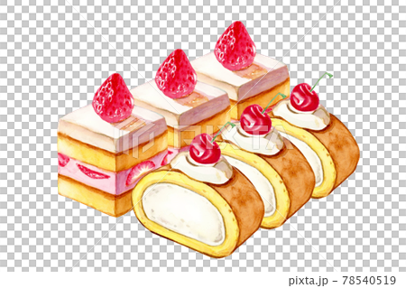 Shortcake and roll cake dessert [hand-painted watercolor painting] 78540519
