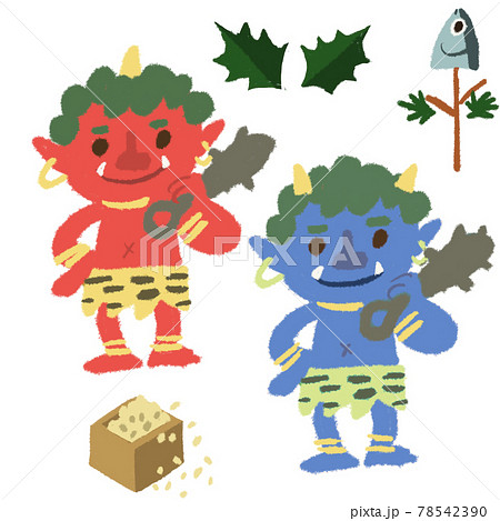 鬼と豆と柊と鰯の頭の節分の絵のイラスト素材