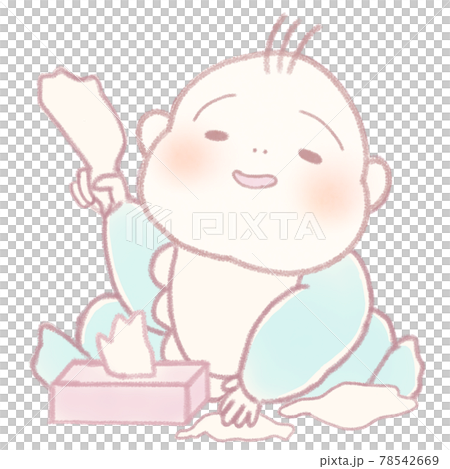 ティッシュを取る遊びをしているもちもちほっぺの赤ちゃんのイラスト素材