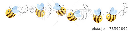 Set of cartoon bee mascot. A small bees flying on a dotted route. Wasp collection. Vector characters. Incest icon. Template design for invitation, cards. Doodle style 78542842