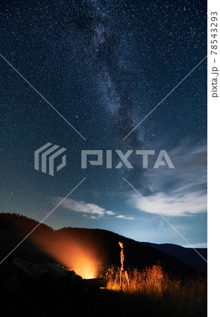 Male traveler standing near campfire under night starry sky. 78543293
