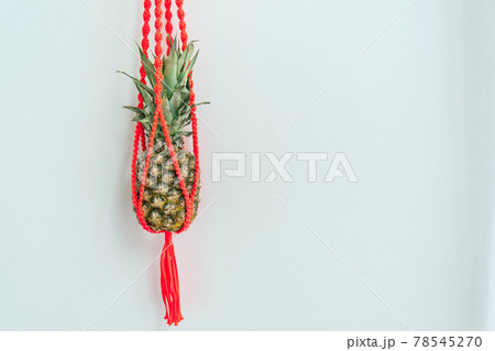 Pineapple summer homemade decoration with red macrame wall hanger 78545270