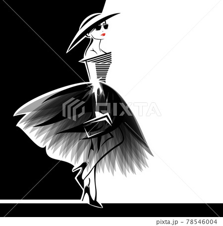 vector portrait of haute couture fashion model wearing dress and wide brimmed hat vector portrait of haute couture fashion model wearing dress and wide brimmed hat 78546004