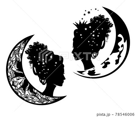 black vector silhouette portrait of fairy tale princess with rose flowers in hairstyle and crescent moon 78546006