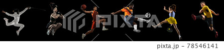 Sportsmen playing basketball, tennis, soccer football, fencing fitness on black background in mixed light. 78546141