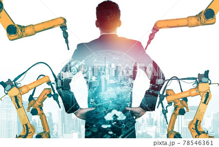 Mechanized industry robot arm and factory worker double exposure Mechanized industry robot arm and factory worker double exposure 78546361