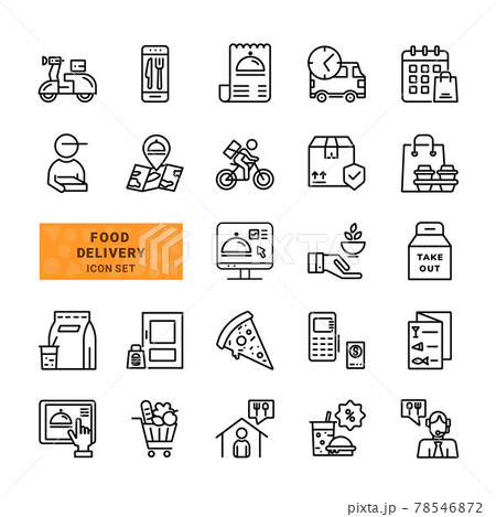 Set of Food Delivery. Includes such icons as Delivery Man, Fast Food, Contactless Delivery, Order Tracking. Simple Vector Illustration Line Icons. Set of Food Delivery. Includes such icons as Delivery Man, Fast Food, Contactless Delivery, Order Tracking. Simple Vector Illustration Line Icons. 78546872