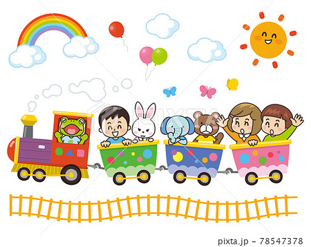 子供と動物が乗っているカワイイ汽車のイラスト素材