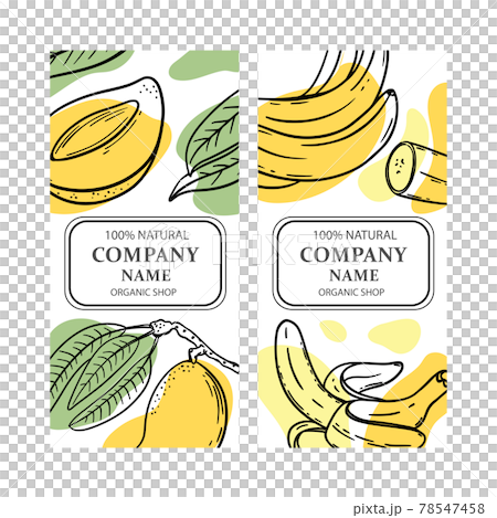 MANGO BANANA LABELS Design Of Stickers For Shop Of Tropical Organic Natural Fresh Juicy Fruits And Dessert Drinks In Sketch Style Clip Art Vector Illustration Set 78547458