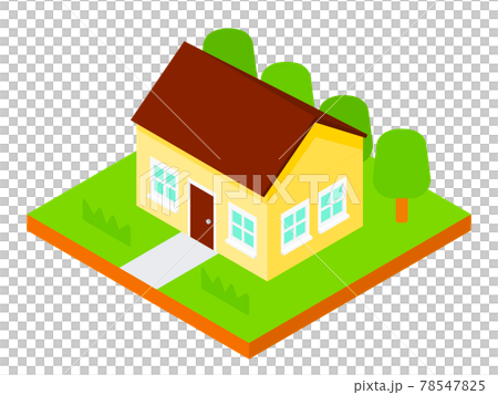 アイソメトリックビューの茶色い屋根の家のイラスト素材