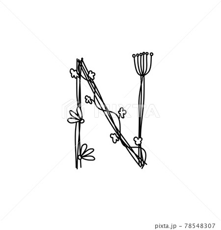 Vintage floral bold Letter N logo spring. Classic Summer Letter Design Vectors with Black Color and Floral Hand Drawn with monoline line flowers 78548307