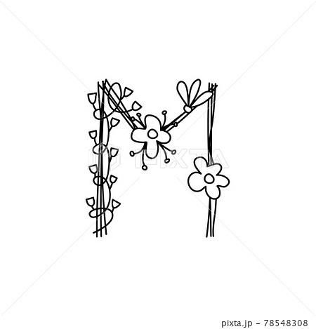 Vintage floral bold Letter M logo spring. Classic Summer Letter Design Vectors with Black Color and Floral Hand Drawn with monoline line flowers 78548308