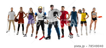 Sport collage. Tennis, soccer football, basketball players posing isolated on white studio background. Sport collage. Tennis, soccer football, basketball players posing isolated on white studio background. 78549040