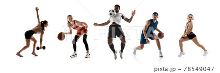 Sport collage. Basketball, fitness, soccer football men and women in motion Sport collage. Basketball, fitness, soccer football men and women in motion 78549047