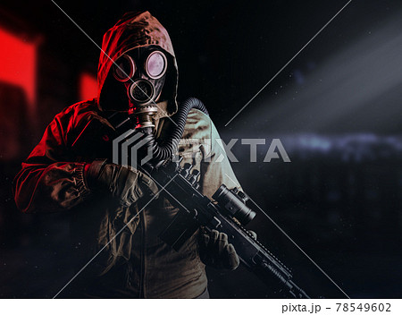 Post apocalyptic staker soldier in gas mask. 78549602