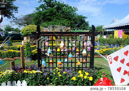 PUTRAJAYA, MALAYSIA -MAY 30, 2016: Small pocket garden made from mix of recycle material and mix of flower at Floria Garden, Putrajaya, Malaysia. PUTRAJAYA, MALAYSIA -MAY 30, 2016: Small pocket garden made from mix of recycle material and mix of flower at Floria Garden, Putrajaya, Malaysia. 78550108