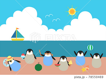 Summer ペンギンと夏 ビーチ イラストのイラスト素材