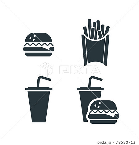 Set of tasty fast food, fries, drink and burger simple black icon on white Set of tasty fast food, fries, drink and burger simple black icon on white 78550713