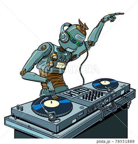 Robot Dj On Vinyl Turntables Concert Music Stock Illustration