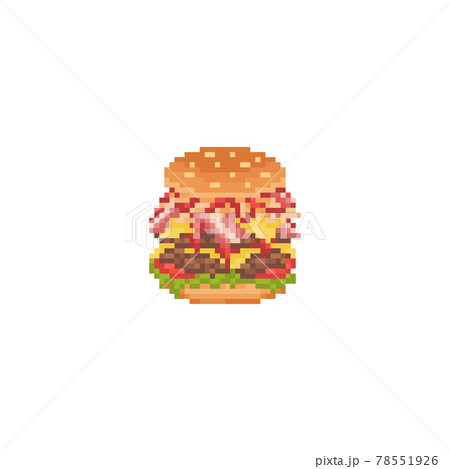 Pixel art huge burger icon. Vector Retro 8 bit illustration of big bacon burger. Pixel fast food isolated mega burger. Pixel vector big burger with toppings icon for game, sticker, app, web design. Pixel art huge burger icon. Vector Retro 8 bit illustration of big bacon burger. Pixel fast food isolated mega burger. Pixel vector big burger with toppings icon for game, sticker, app, web design. 78551926
