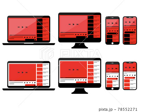 無料動画サイト 再生画面シンプルイメージセット ノートpc デスクトップpc スマートフォン 最新スのイラスト素材