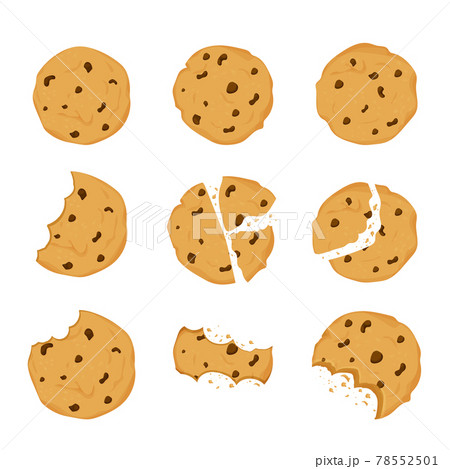 Set of Cookies with chocolate crisps bitten, broken, cookie crumbs in cartoon flat style isolated on white background. Snack bake, traditional bakery or desert. Set of Cookies with chocolate crisps bitten, broken, cookie crumbs in cartoon flat style isolated on white background. Snack bake, traditional bakery or desert. 78552501