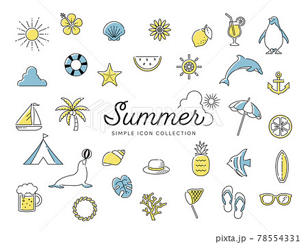 夏のシンプルな線画アイコンセット01 / ビーチ、海、自然、動物、花、果物 / 2色 78554331