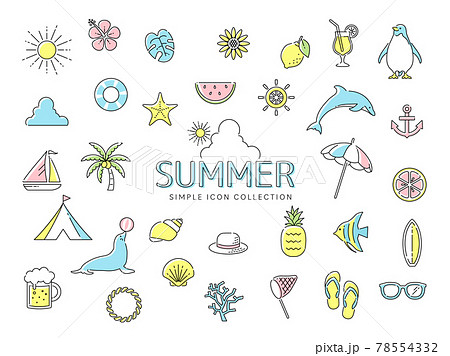 夏のシンプルな線画アイコンセット02 ビーチ 海 自然 動物 花 果物 カラフルのイラスト素材