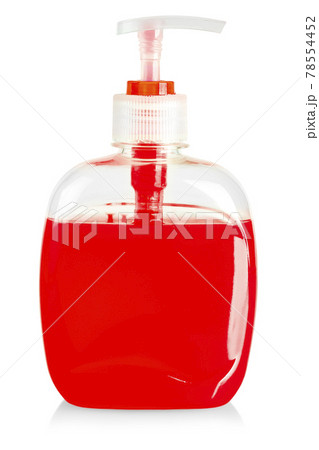 Plastic bottle of the red transparent liquid soap isolated on white background 78554452