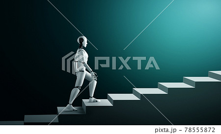 3D rendering robot humanoid walk up stair to success 3D rendering robot humanoid walk up stair to success 78555872