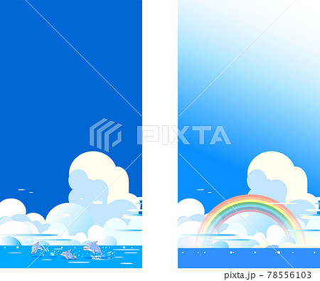 青空にイルカと虹の夏の背景イラストのイラスト素材