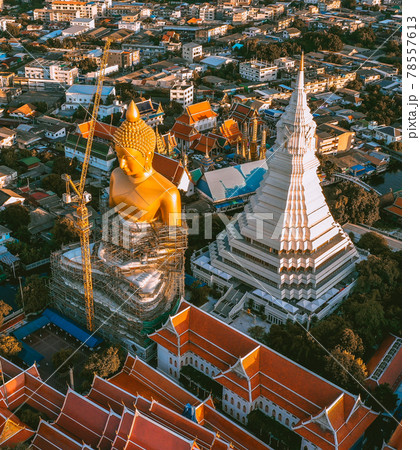 Aerial view of Wat Paknam Bhasicharoen, a temple, pagoda and Buddha statue in Bangkok Thailand 78557613