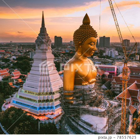 Aerial view of Wat Paknam Bhasicharoen, a temple, pagoda and Buddha statue in Bangkok Thailand 78557625