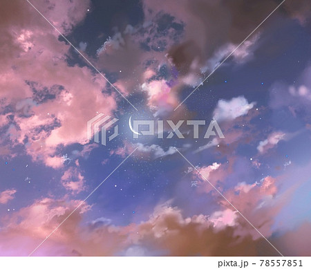 夜空に浮かぶ雲と星空と三日月の風景イラストのイラスト素材