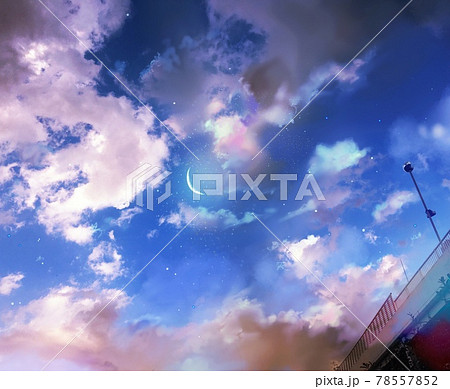 夜空に浮かぶ雲と星空と三日月のイラストのイラスト素材