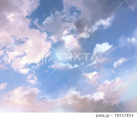 夜空に浮かぶ雲と星空と三日月のイラストのイラスト素材