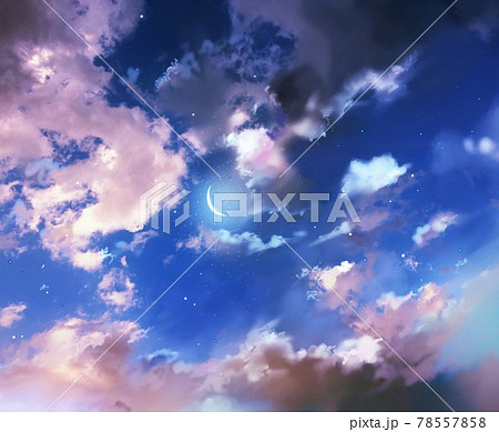 夜空に浮かぶ雲と星空と三日月のイラストのイラスト素材