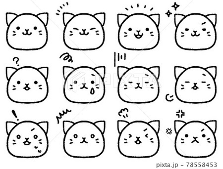 シンプルでかわいい手描きの猫の感情別セット モノクロのイラスト素材