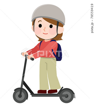 電動キックボードに乗る女性 ヘルメット 荷物あり イラストのイラスト素材