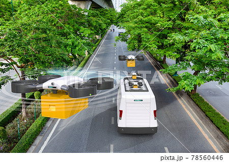 Autonomous delivery drone landing to electric van after deliver parcel on green road, Future transportation and logistic concept 78560446