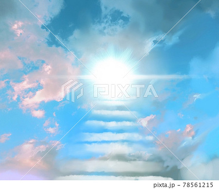 青空を舞う白い羽と天国に続く雲の階段のイラスト素材