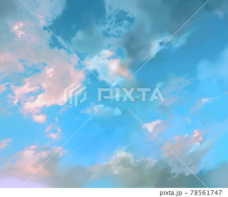 カラフルな雲と青空と太陽光の美しい風景画のイラスト素材