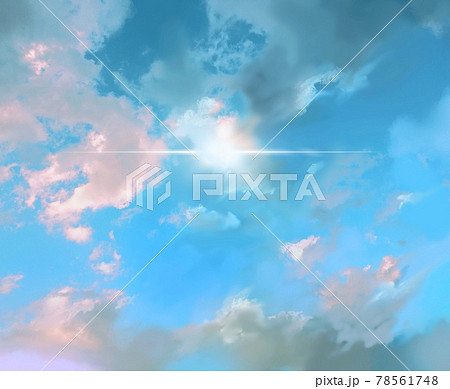 カラフルな雲と青空と太陽光の美しい風景画のイラスト素材