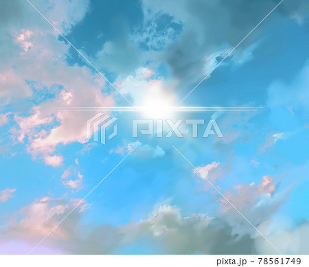 カラフルな雲と青空と太陽光の美しい風景画のイラスト素材